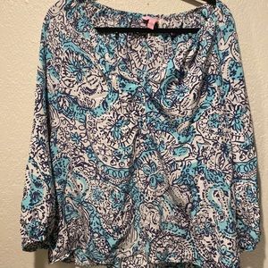 Lily Pulitzer elephant print blouse Marvells blouse long sleeve v neck button